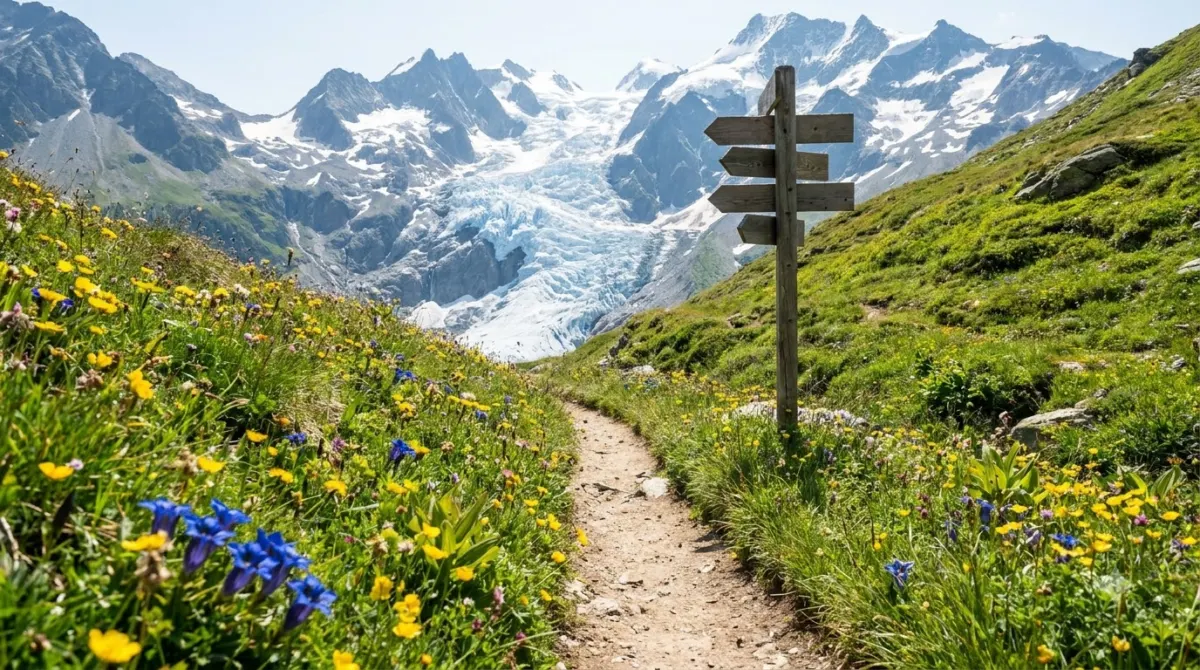 A hiking path through alpine meadows toward a glacier in Switzerland