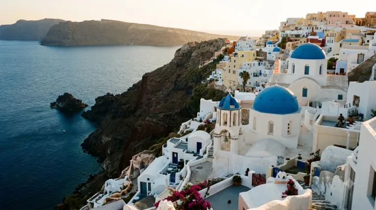 White cave houses with blue domes on the caldera cliff at Oia, Santorini