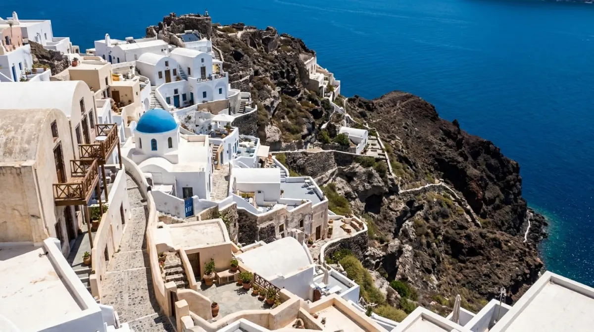 White buildings down the volcanic cliff face at Fira, Santorini