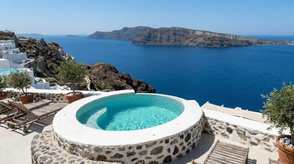 A small plunge pool on a whitewashed cliff terrace above the caldera