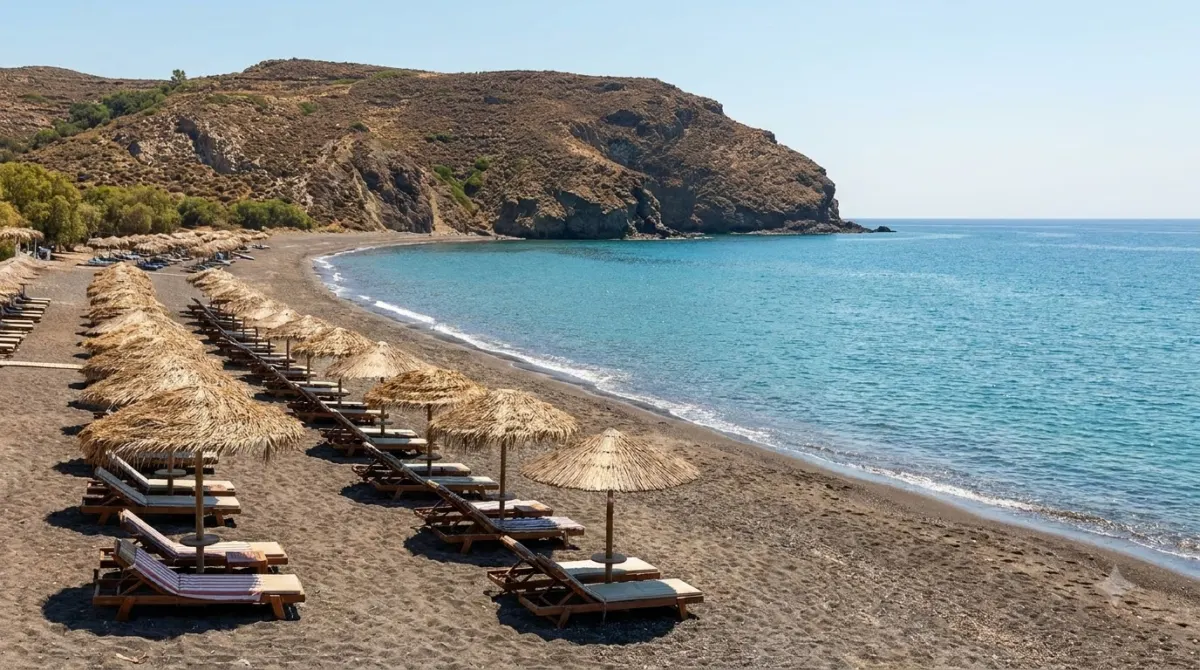 A black volcanic sand beach with umbrellas and blue water at Perissa