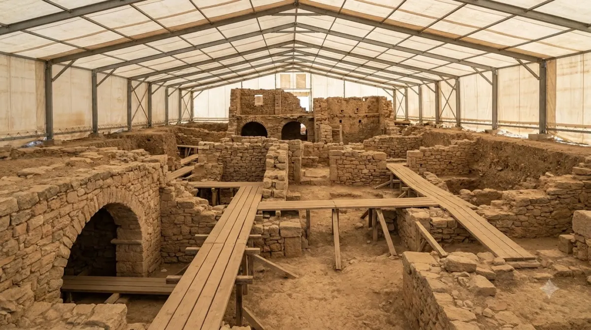 The covered excavation of the prehistoric town of Akrotiri in Santorini