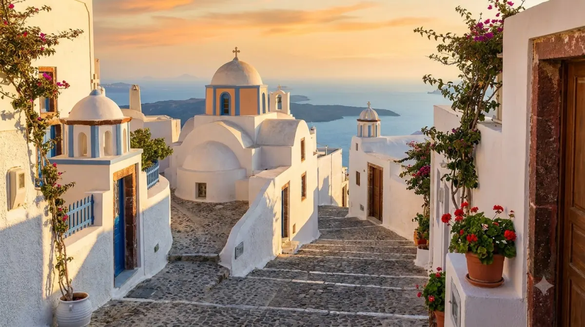 Quiet whitewashed lanes in the hilltop village of Pyrgos, Santorini
