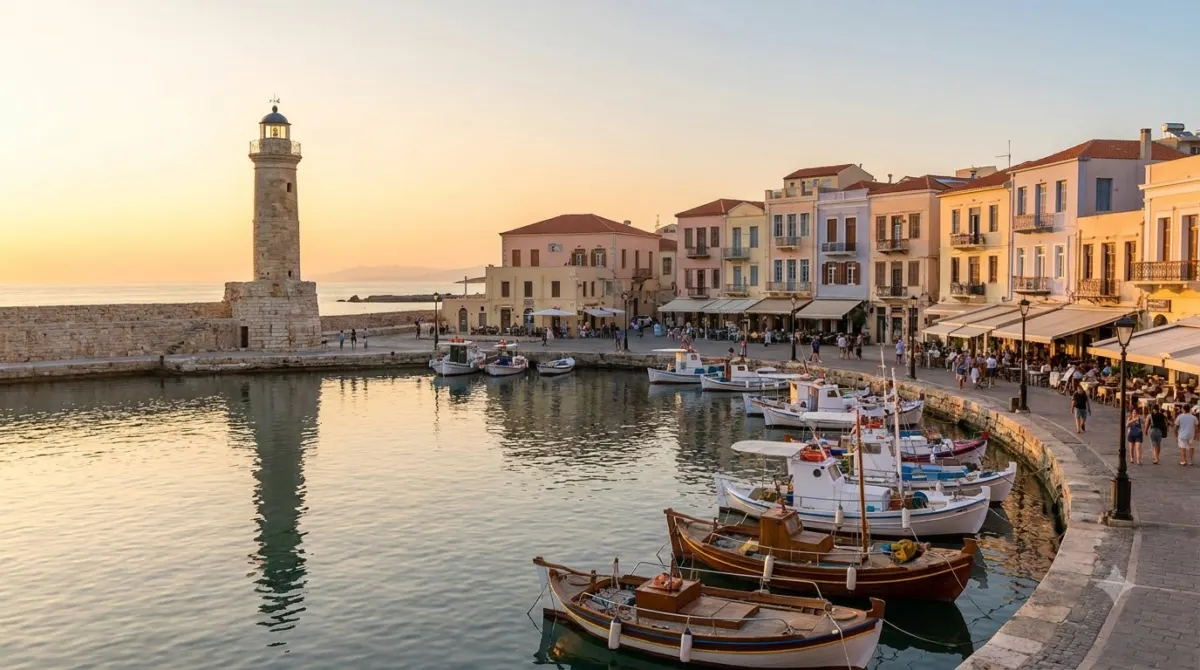 The Venetian harbour and lighthouse at Chania in Crete at golden hour