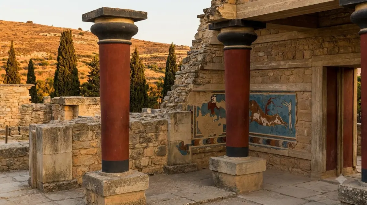 Restored red Minoan columns at the palace of Knossos near Heraklion