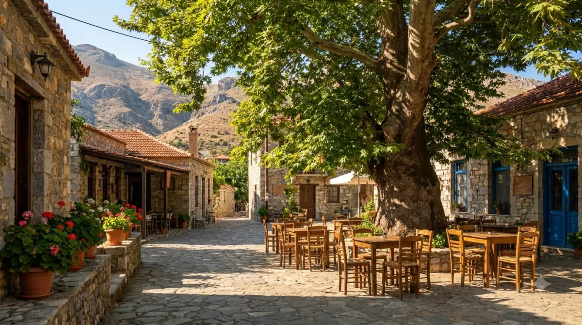 A mountain village square with taverna tables under a plane tree in Crete