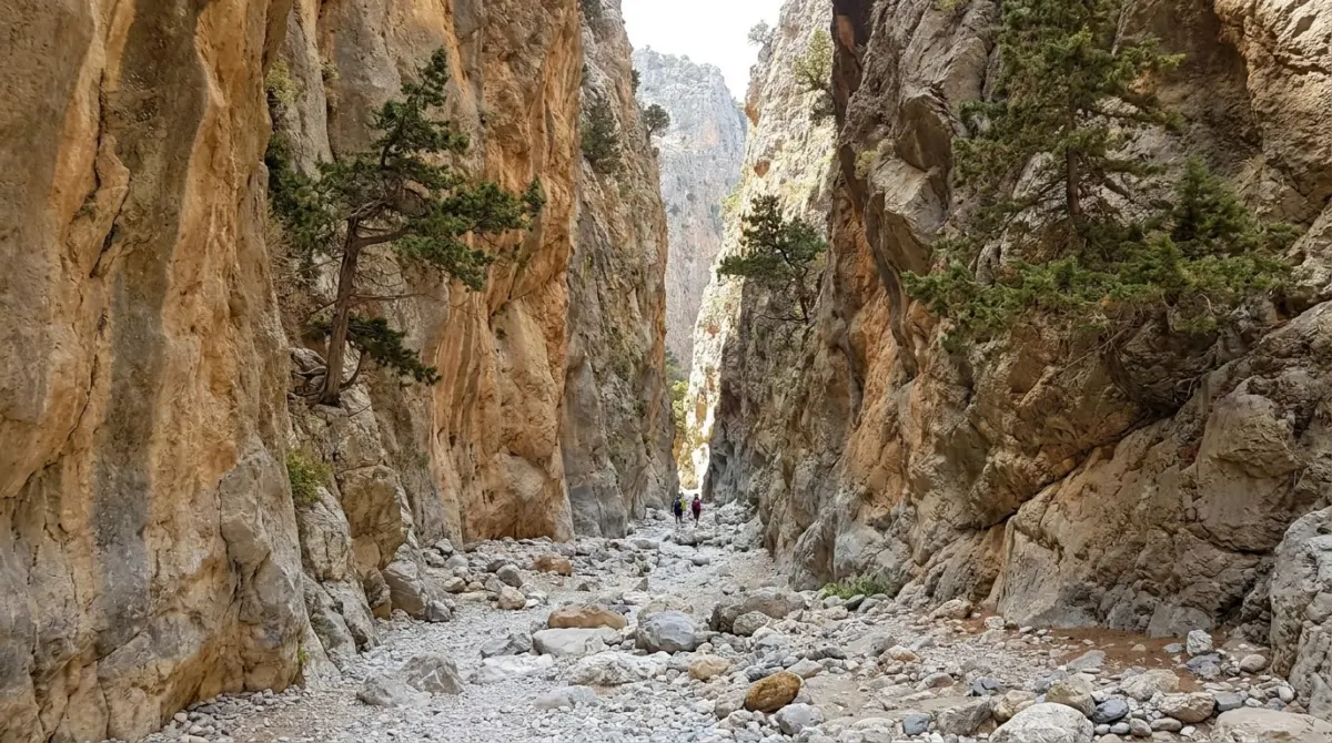 The narrow vertical limestone walls of the Samaria Gorge in Crete