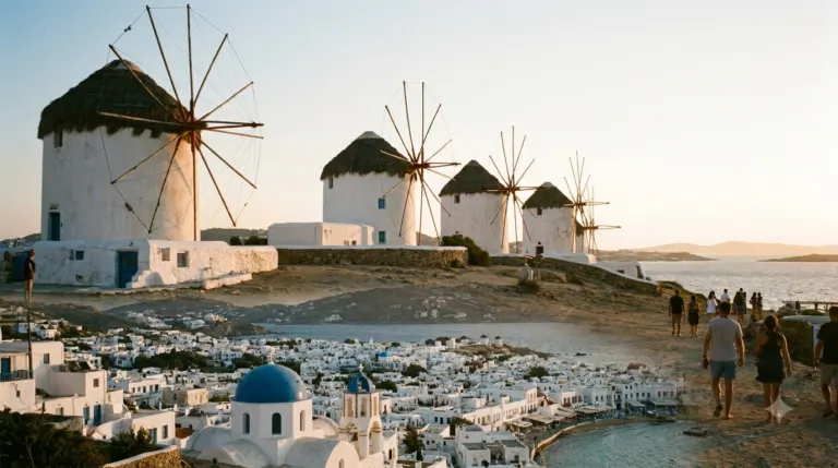 The row of white windmills above Mykonos Town at golden hour