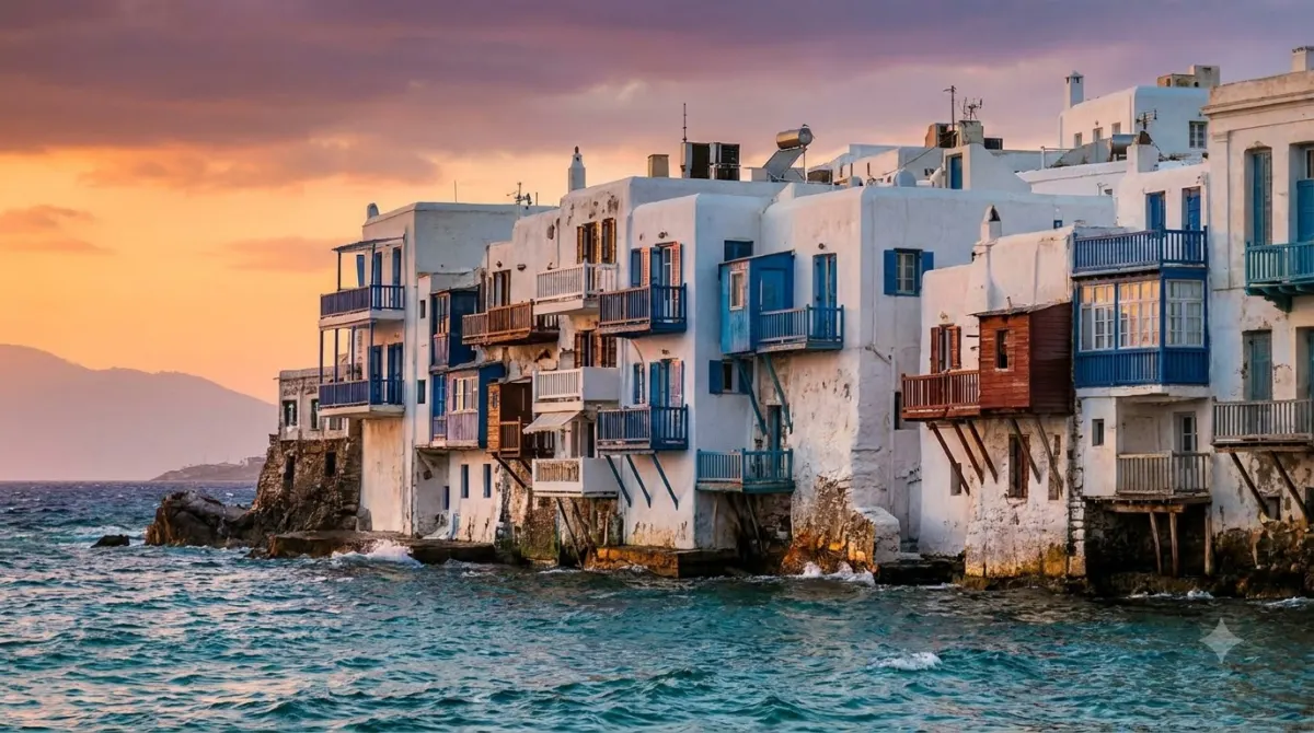 Whitewashed houses with balconies built over the water at Little Venice, Mykonos