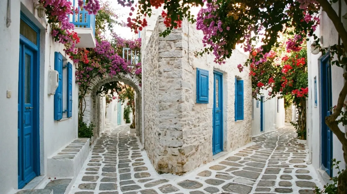 Narrow whitewashed lanes with blue doors and bougainvillea in Mykonos Town