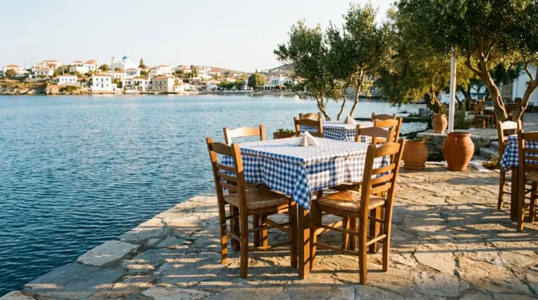 A taverna table on a stone terrace beside calm blue sea in Greece
