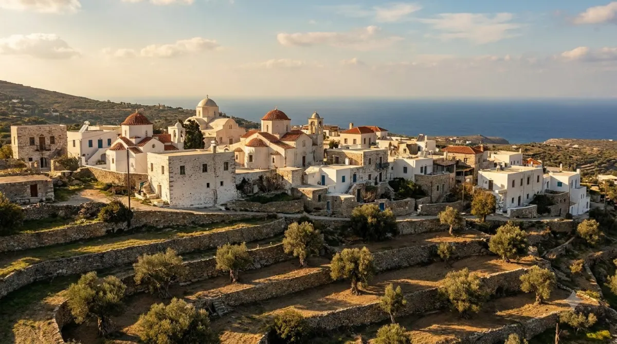 A whitewashed mountain village with terraced fields on a Greek island