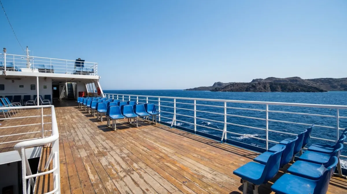 The deck of a ferry crossing blue Aegean water toward a rocky island