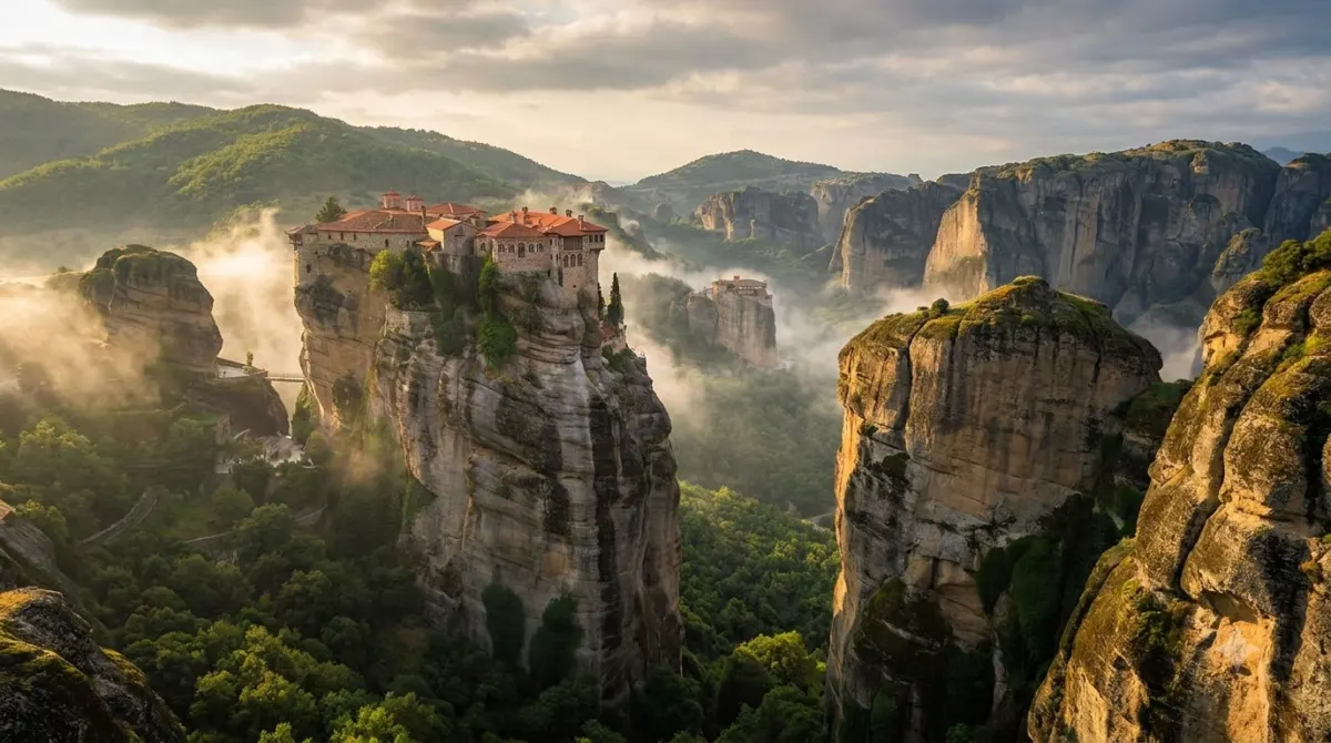 Monasteries on top of tall rock pillars in Greece