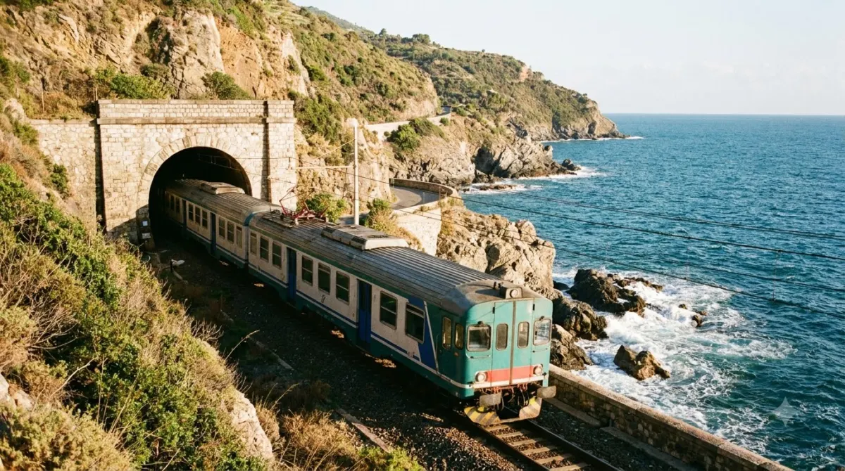 A regional train emerging from a tunnel beside the sea in Cinque Terre