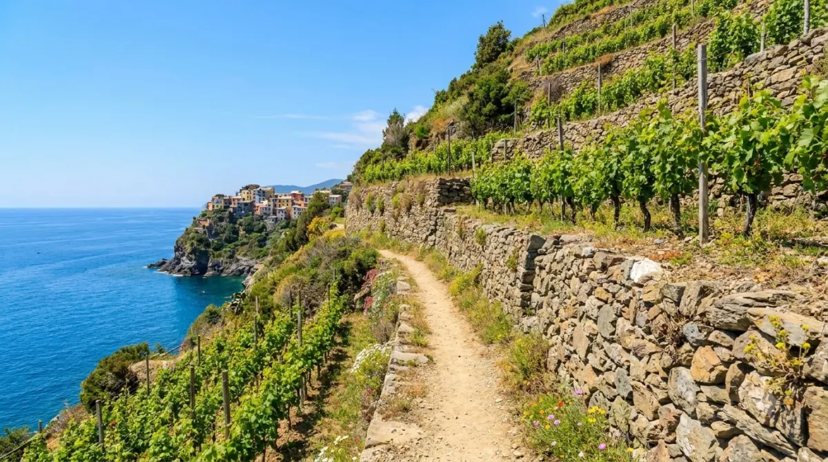 A footpath cut into a steep coastal hillside above the sea in Cinque Terre