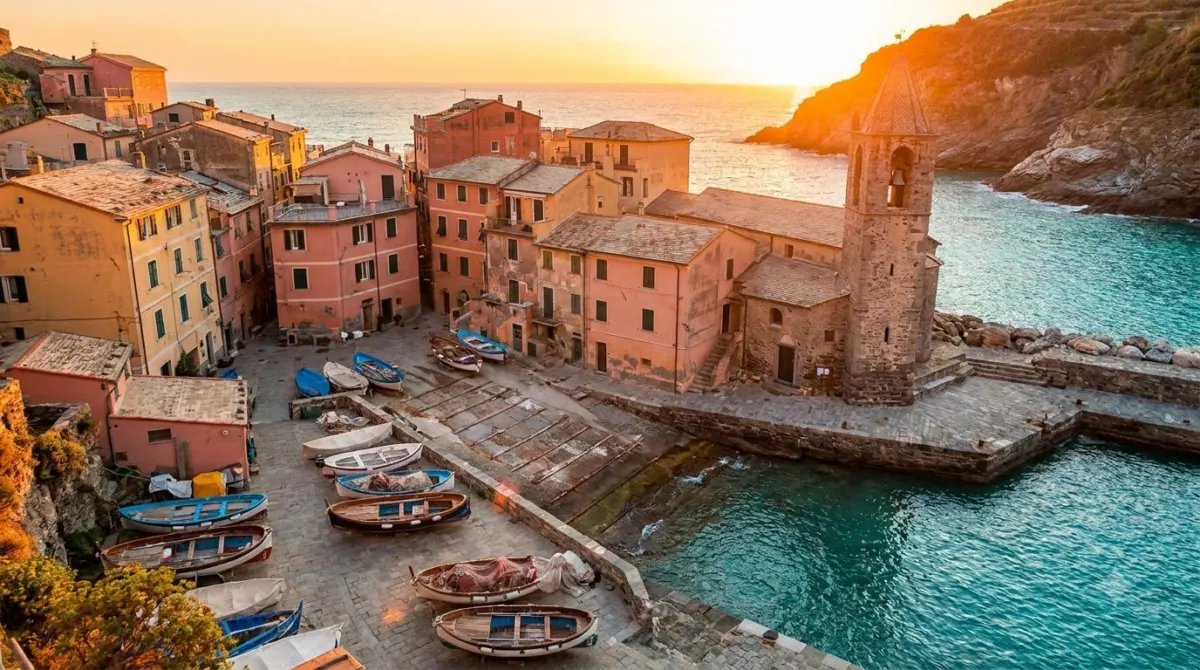 The natural harbour and church tower at Vernazza in Cinque Terre