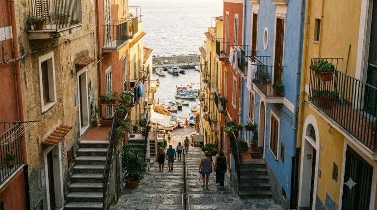 A steep stepped street between colourful houses down to the harbour in Riomaggiore
