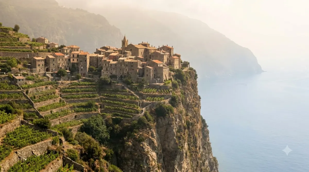 The village of Corniglia on a clifftop above terraced vineyards in Cinque Terre