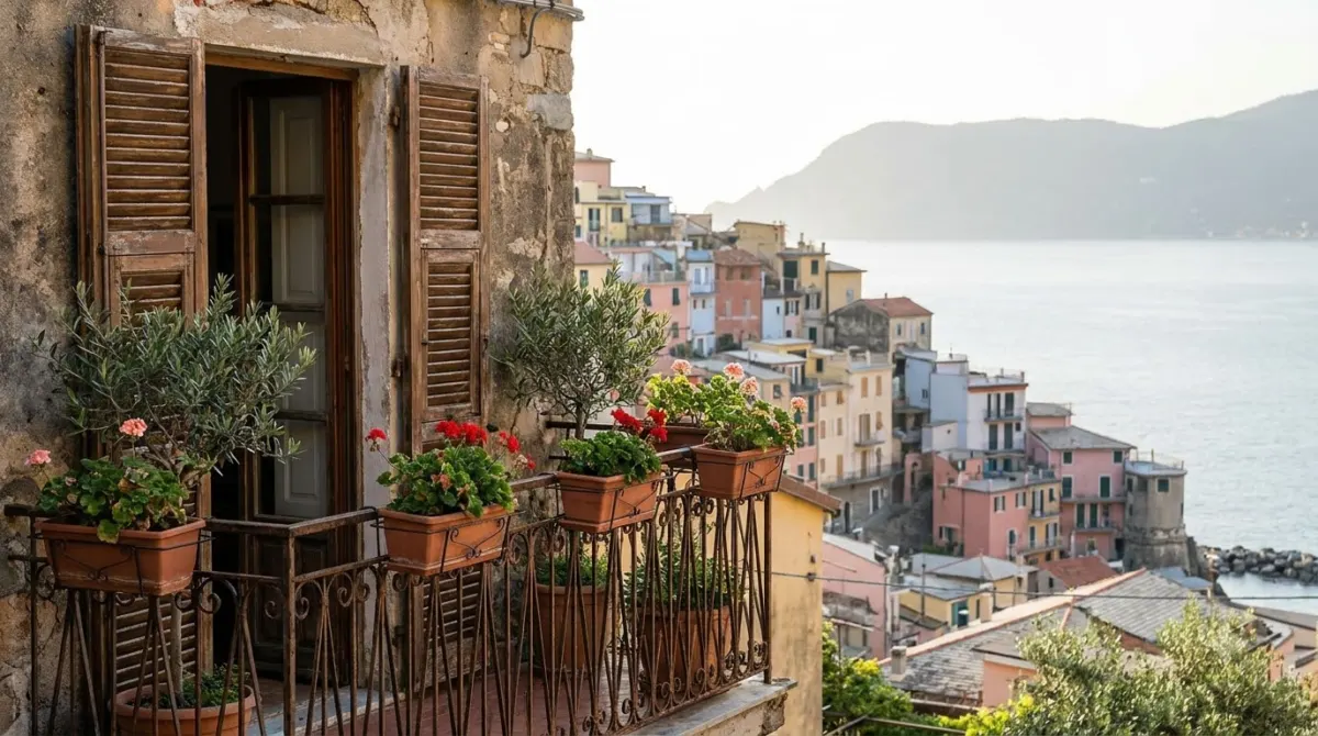 A room balcony with open shutters looking over village houses and the sea