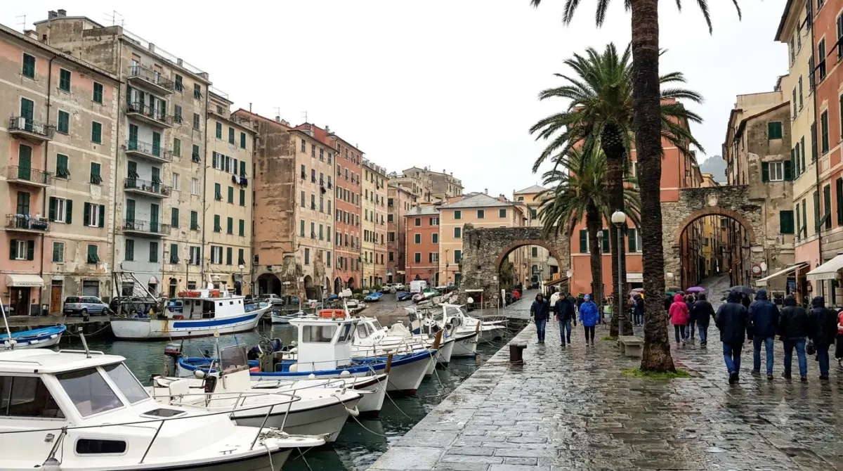 The waterfront and palm trees of La Spezia harbour town in Liguria