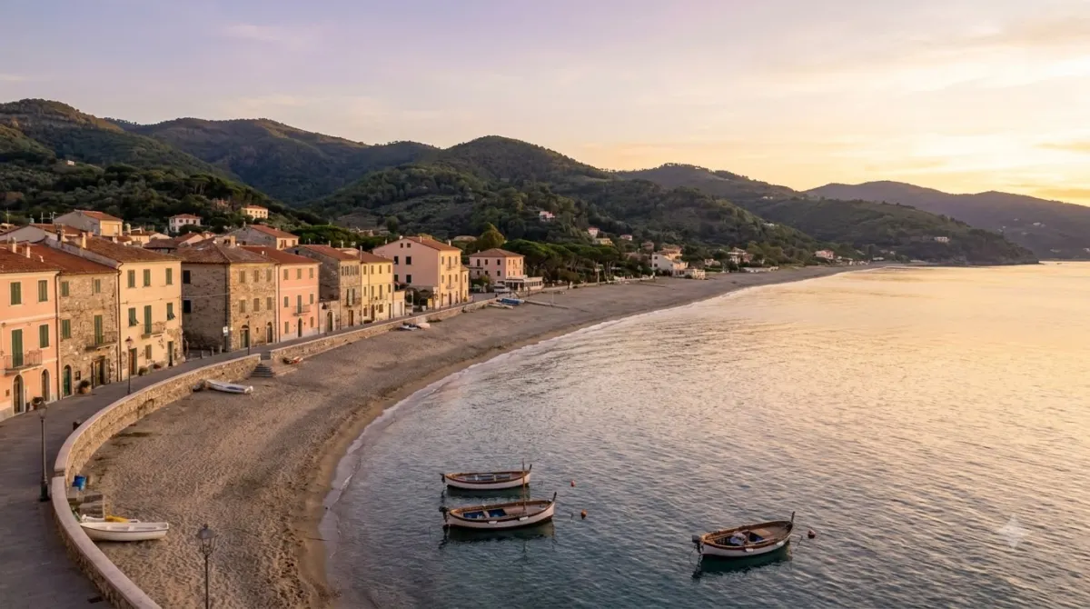 The beach and seafront of Levanto in Liguria in the evening