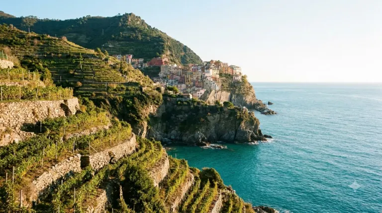 Colourful houses stacked above the sea in a Cinque Terre village on the Italian Riviera