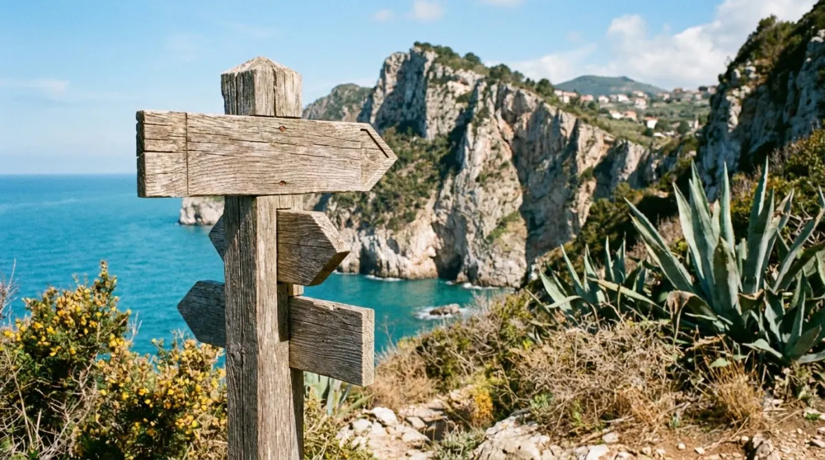 A trail sign on the Sentiero Azzurro coastal path above the sea in Cinque Terre