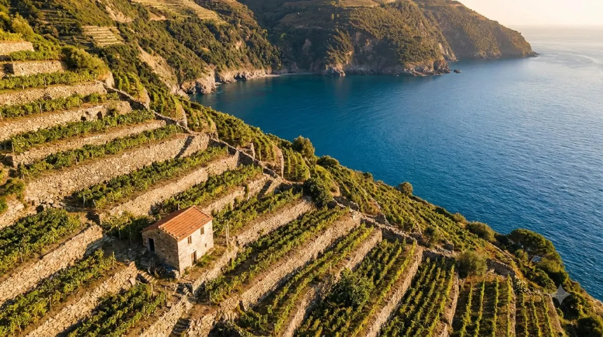 Dry stone terraced vineyards on the steep hillside above the Cinque Terre coast