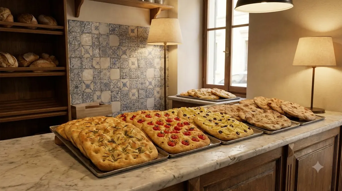 Trays of Ligurian focaccia in a small bakery window