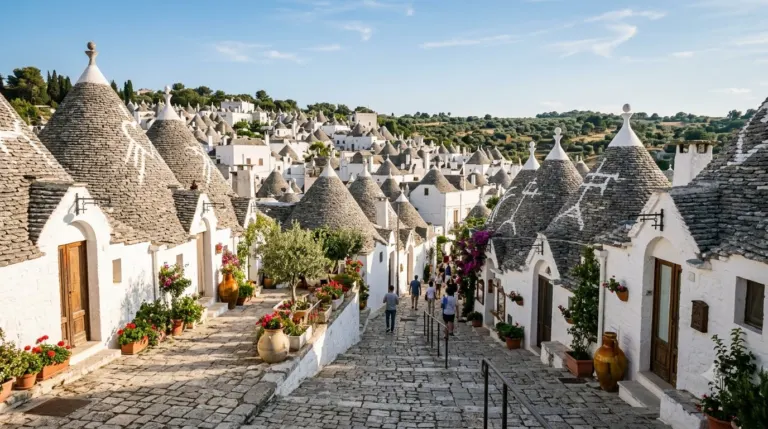 Whitewashed houses with conical stone roofs on a hillside in Alberobello, Puglia