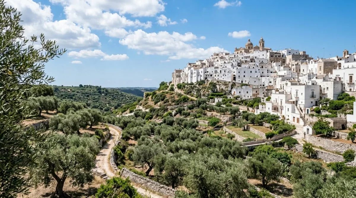 The white hill town of Ostuni seen across olive groves in Puglia