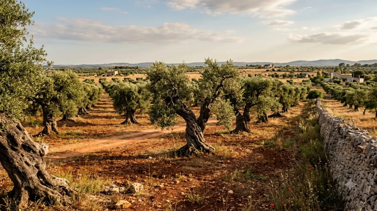 Ancient olive trees with twisted trunks in red earth in the Puglian countryside