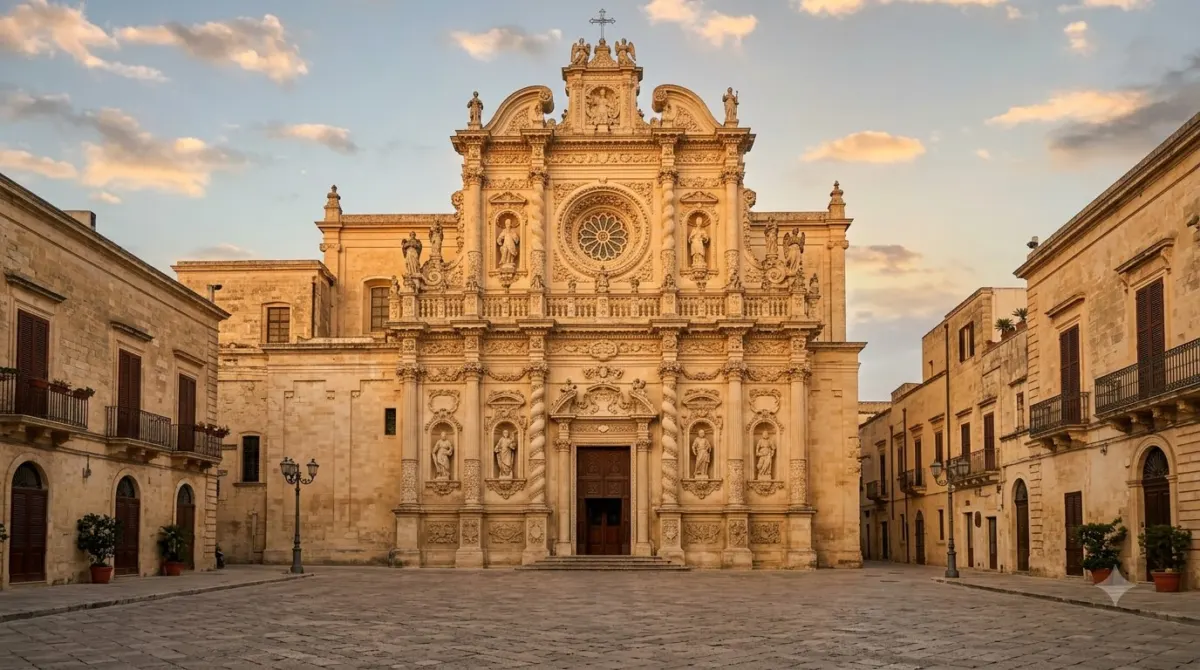 An ornate carved limestone baroque church facade in Lecce, southern Italy