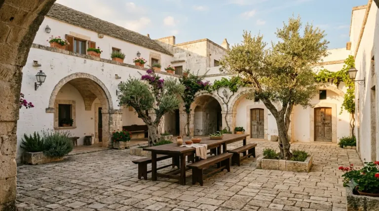 The whitewashed courtyard of a converted fortified farmhouse with stone arches and olive trees in Puglia