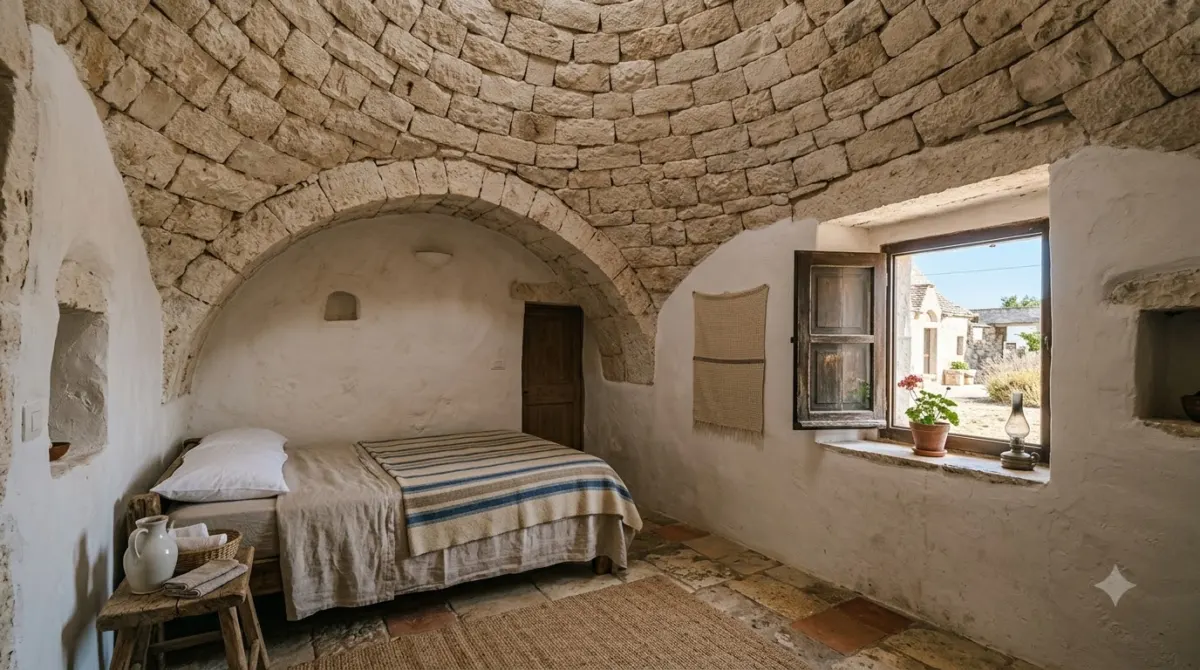 The interior of a trullo with a domed stone ceiling and white plastered walls