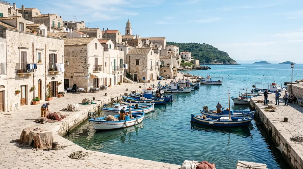 A small Adriatic harbour with fishing boats and pale stone buildings in Puglia