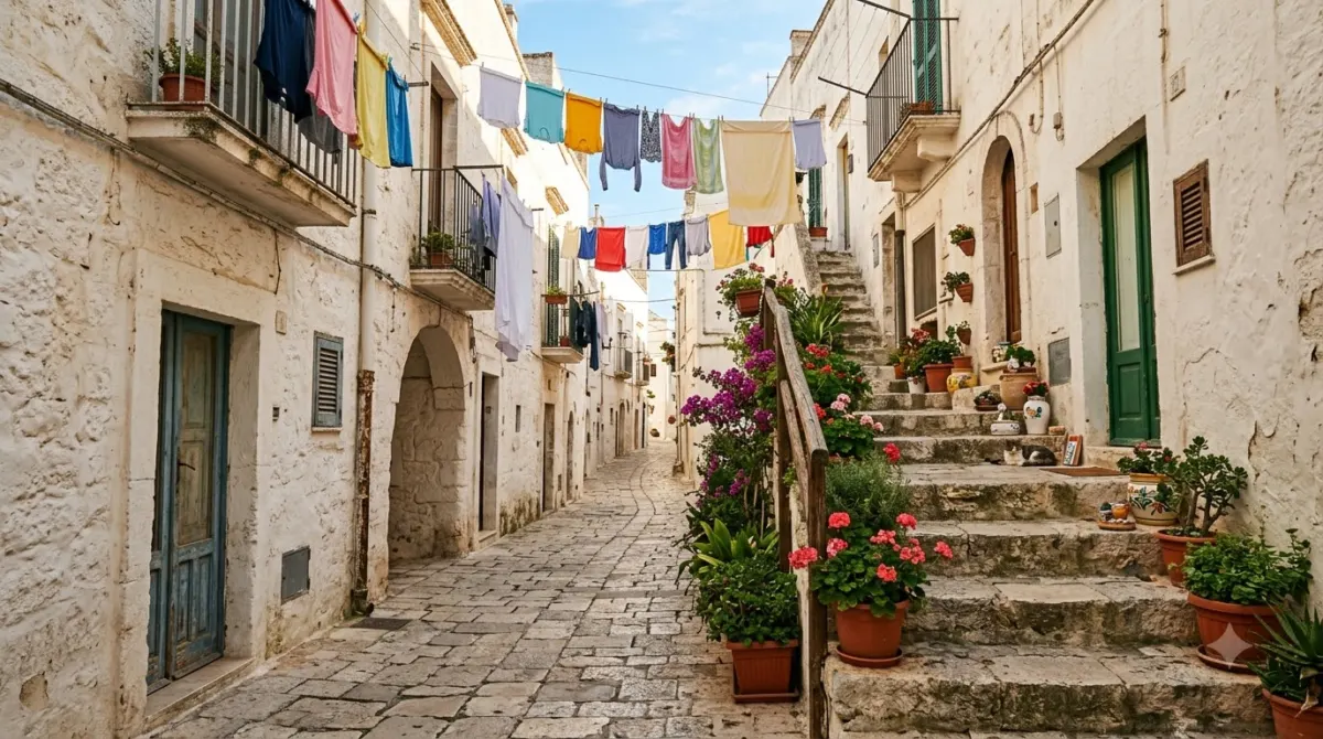 A narrow whitewashed lane with laundry lines and potted plants in an old town in Puglia