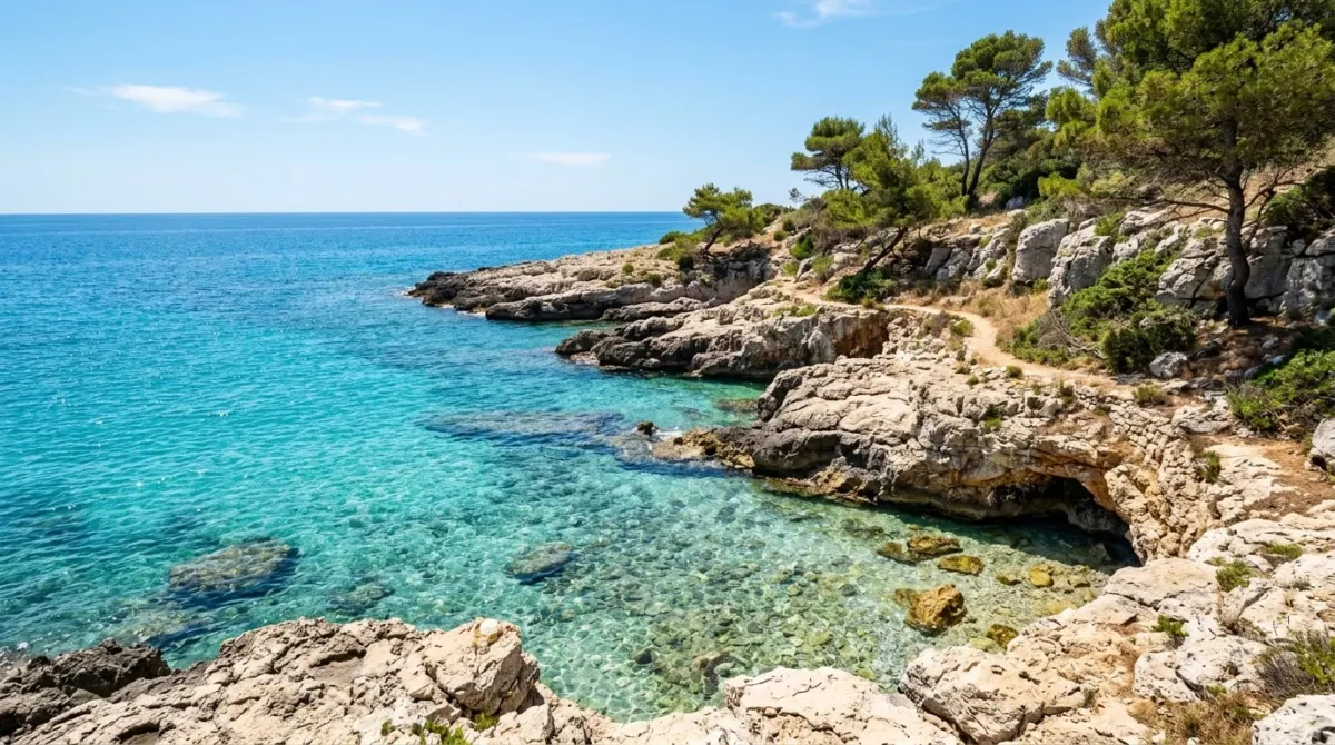 Clear shallow turquoise water over low limestone rocks on the Puglian coast