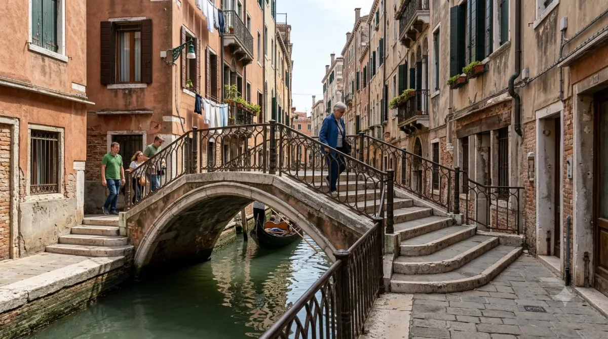 A small stepped stone bridge over a narrow canal between tall buildings in Venice