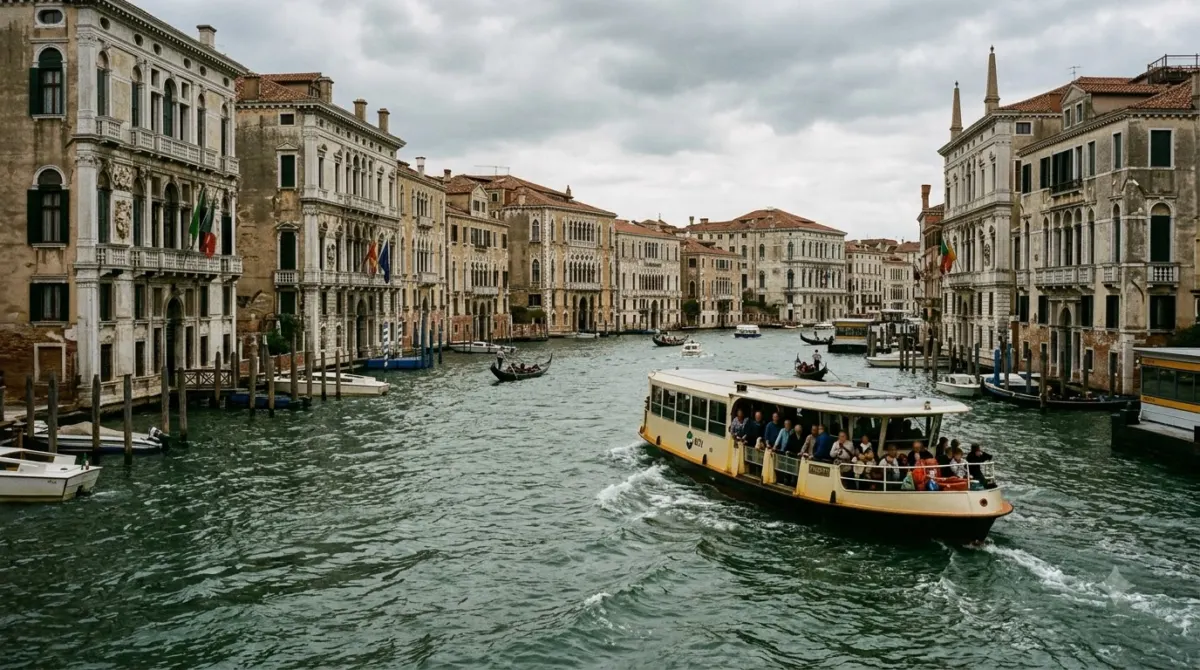 A vaporetto water bus on the Grand Canal passing old palaces in Venice