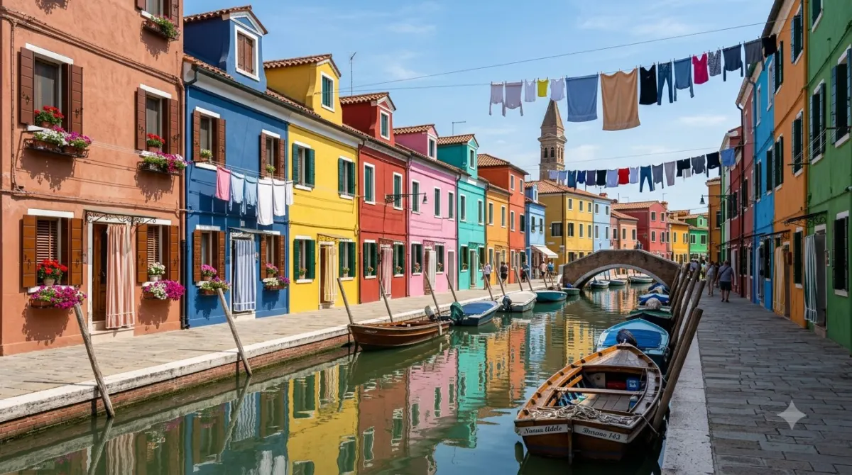 Brightly painted houses along a canal on the island of Burano in the Venetian lagoon