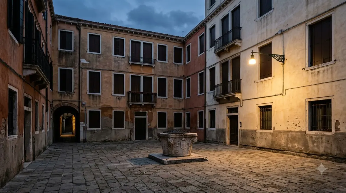 A small empty Venetian square with a stone well head and a lit lamp in the evening