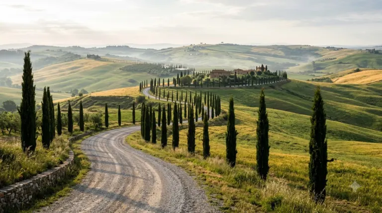 A winding cypress-lined road across rolling hills in the Val d Orcia, Tuscany