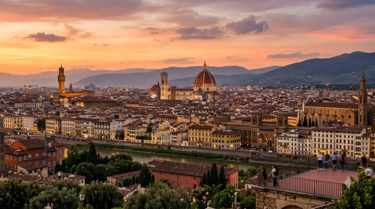 The dome of Florence Cathedral rising above terracotta rooftops at sunset