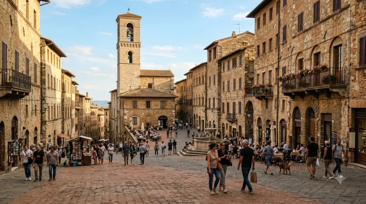 The sloping brick-paved Piazza del Campo surrounded by medieval buildings in Siena