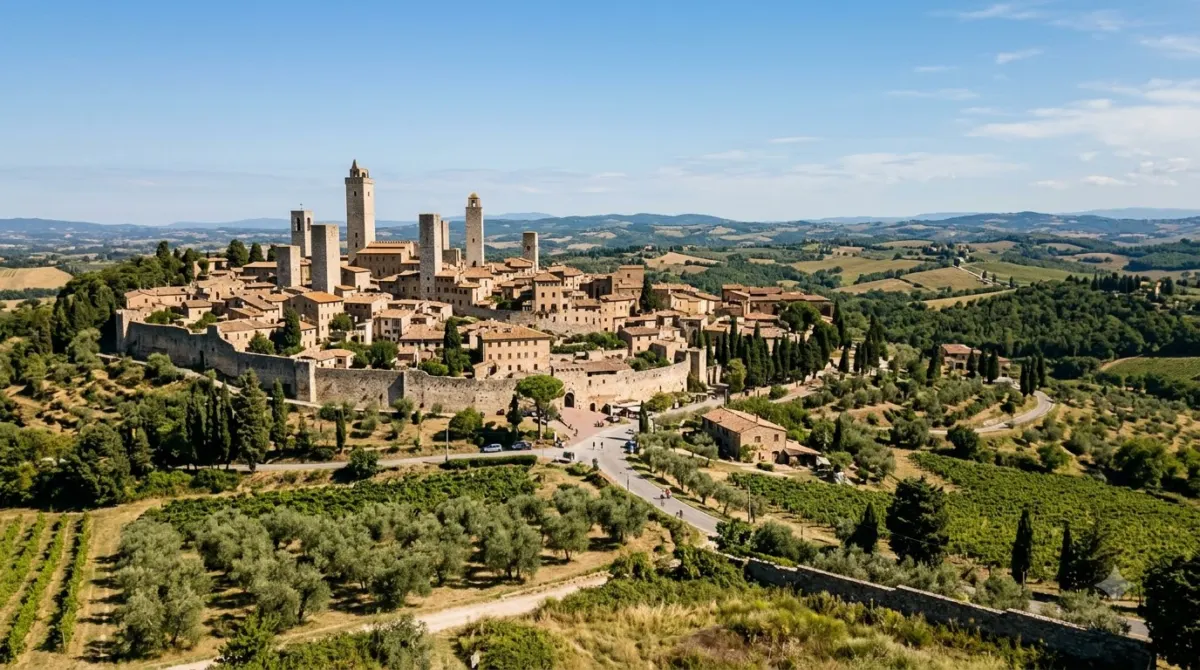 The medieval stone towers of San Gimignano rising above a walled hilltop town in Tuscany