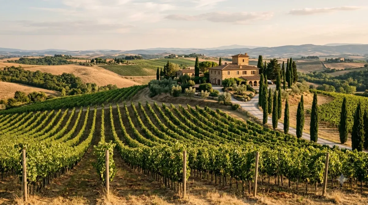 Rows of vines on a Tuscan hillside with a stone farmhouse and cypress trees in Chianti