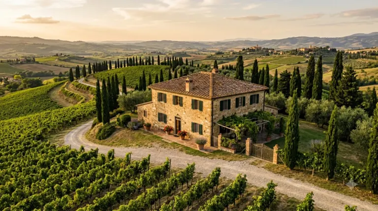 A stone farmhouse with green shutters surrounded by cypress trees and vines in the Tuscan countryside