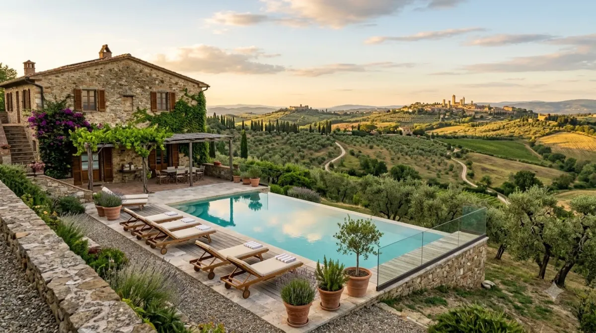 A swimming pool beside an old stone farmhouse overlooking rolling hills in Tuscany
